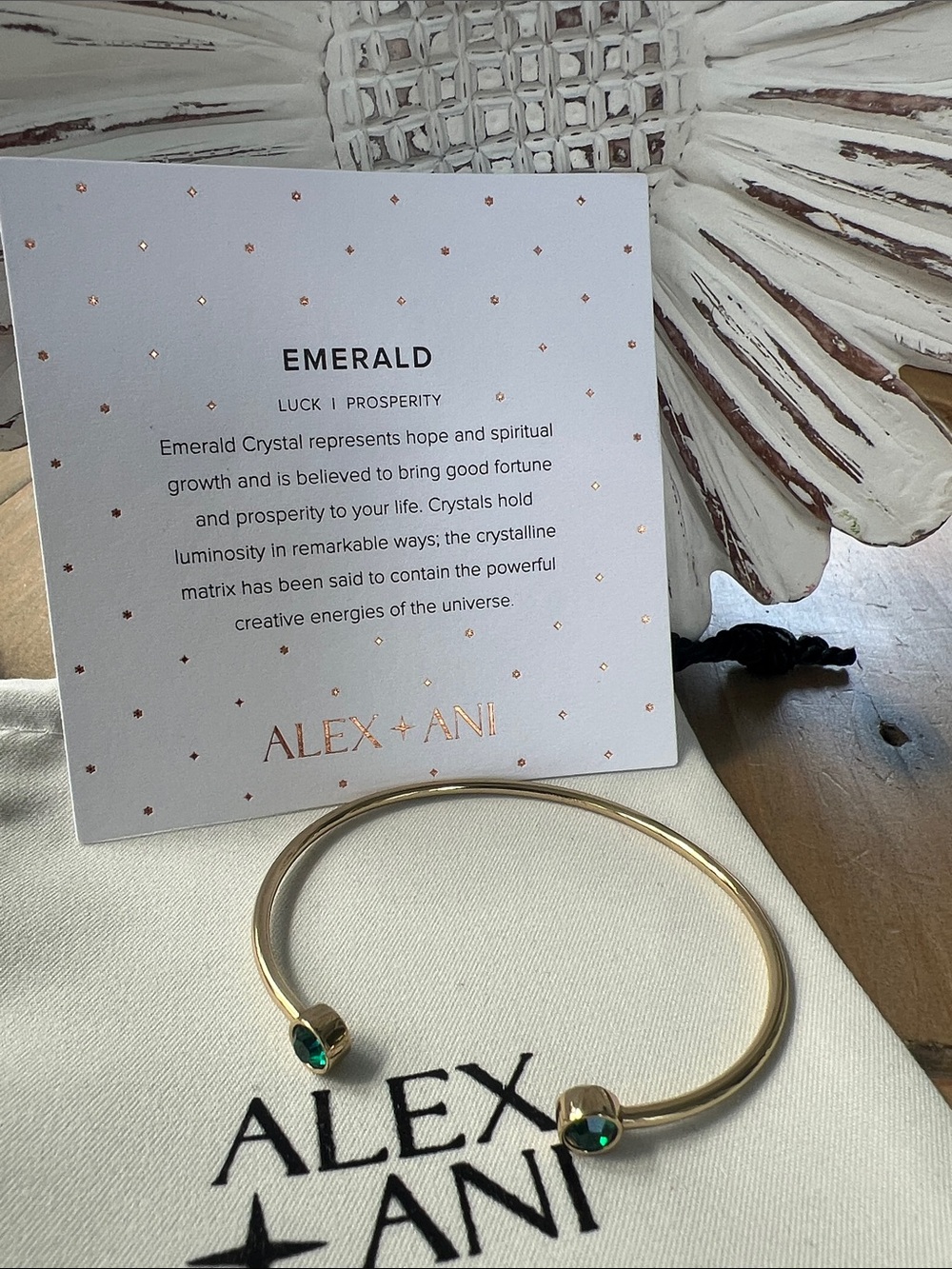 New- Alex and Ani Gold Open Flex Cuff Bracelet with Emerald Green Crystals